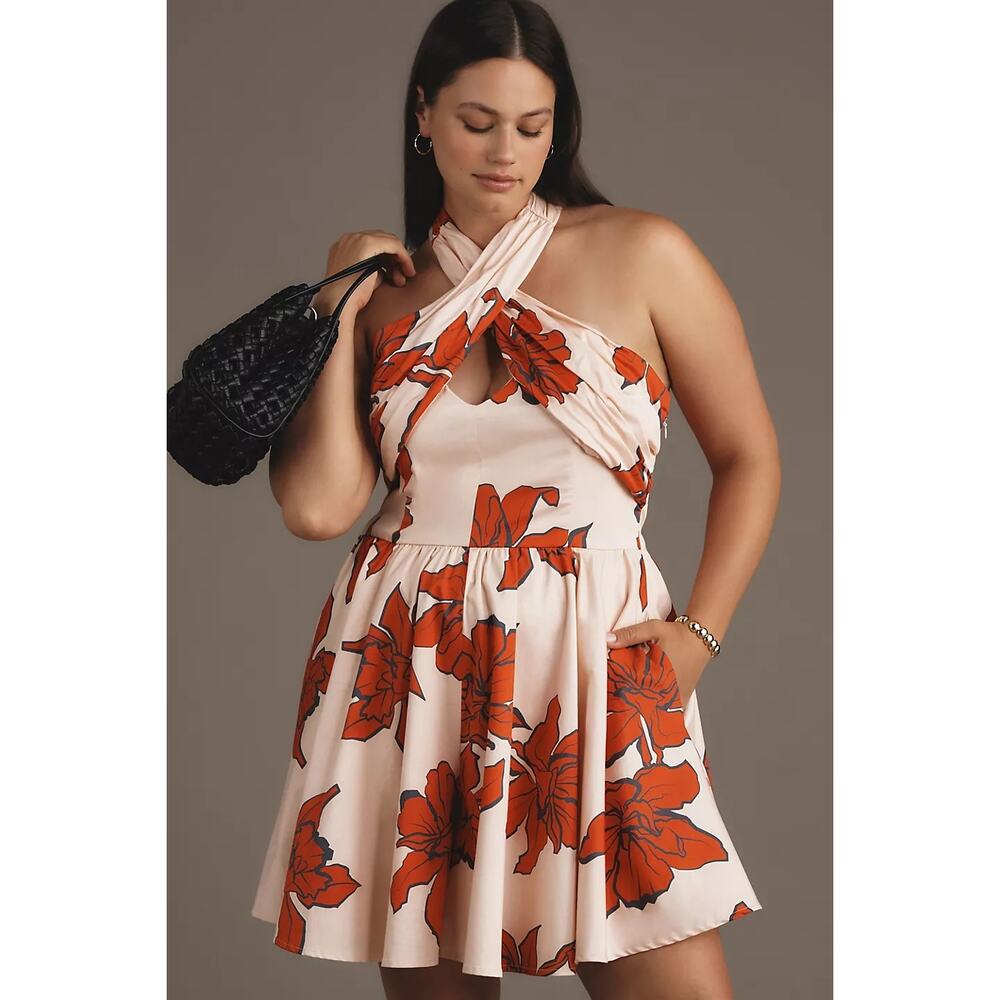 New ANTHROPOLOGIE Hutch Wrap Halter Floral Romper $168 PLUS 2X Red/Pink